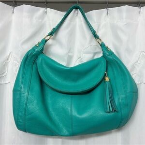 Onna Ehrlich Rachel Hobo Bag Teal Pebbled Leather Tassel Shoulder Bag Boho